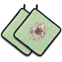 "Caroline's Treasures CK4304PTHD Fawn French Bulldog Green Flowers Pair of Pot Holders potholders, Multicolor"