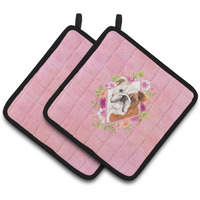 "Caroline's Treasures CK4240PTHD English Bulldog Pink Flowers Pair of Pot Holders potholders, Multicolor"