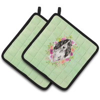 "Caroline's Treasures CK4404PTHD Black Parti Cocker Spaniel Green Flowers Pair of Pot Holders potholders, Multicolor"