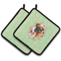 "Caroline's Treasures CK4305PTHD German Boxer Green Flowers Pair of Pot Holders potholders, Multicolor"