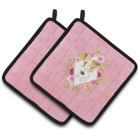 "Caroline's Treasures CK4199PTHD Fox Terrier Pink Flowers Pair of Pot Holders potholders, Multicolor"