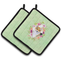 "Caroline's Treasures CK4327PTHD Corgi Green Flowers Pair of Pot Holders potholders, Multicolor"