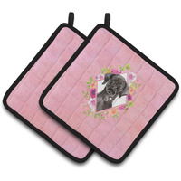 "Caroline's Treasures CK4261PTHD Black Labrador Pink Flowers Pair of Pot Holders potholders, Multicolor"