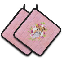 "Caroline's Treasures CK4155PTHD Jack Russell Terrier #1 Pink Flowers Pair of Pot Holders potholders, Multicolor"