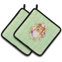 "Caroline's Treasures CK4342PTHD Sheltie Shetland Sheepdog Green Flowers Pair of Pot Holders potholders, Multicolor"