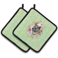 "Caroline's Treasures CK4273PTHD Akita Green Flowers Pair of Pot Holders potholders, Multicolor"