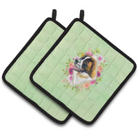 "Caroline's Treasures CK4347PTHD Saint Bernard #2 Green Flowers Pair of Pot Holders potholders, Multicolor"