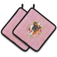 "Caroline's Treasures CK4145PTHD German Boxer Pink Flowers Pair of Pot Holders potholders, Multicolor"