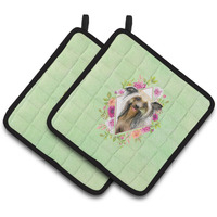 "Caroline's Treasures CK4290PTHD Chinese Crested Green Flowers Pair of Pot Holders potholders, Multicolor"