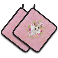 "Caroline's Treasures CK4198PTHD Jack Russell Terrier Pink Flowers Pair of Pot Holders potholders, Multicolor"