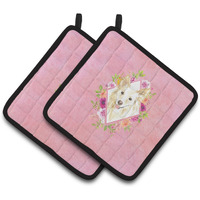 "Caroline's Treasures CK4201PTHD White Collie Pink Flowers Pair of Pot Holders potholders, Multicolor"