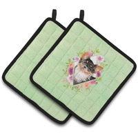 "Caroline's Treasures CK4385PTHD Longhaired Chihuahua Green Flowers Pair of Pot Holders potholders, Multicolor"