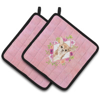 "Caroline's Treasures CK4245PTHD Chihuahua Pink Flowers Pair of Pot Holders potholders, Multicolor"