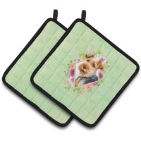 "Caroline's Treasures CK4352PTHD Welsh Terrier Green Flowers Pair of Pot Holders potholders, Multicolor"