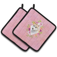 "Caroline's Treasures CK4148PTHD Red Siberian Husky Pink Flowers Pair of Pot Holders potholders, Multicolor"