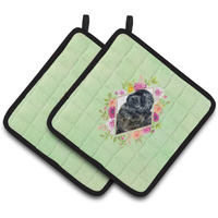 "Caroline's Treasures CK4323PTHD Newfoundland Green Flowers Pair of Pot Holders potholders, Multicolor"