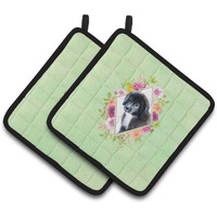 "Caroline's Treasures CK4324PTHD Newfoundland Puppy Green Flowers Pair of Pot Holders potholders, Multicolor"