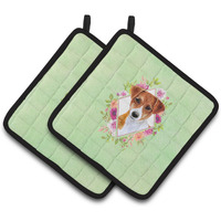 "Caroline's Treasures CK4316PTHD Jack Russell Terrier #2 Green Flowers Pair of Pot Holders potholders, Multicolor"