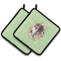 "Caroline's Treasures CK4317PTHD German Shorthaired Pointer Green Flowers Pair of Pot Holders potholders, Multicolor"