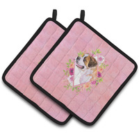 "Caroline's Treasures CK4186PTHD Saint Bernard #1 Pink Flowers Pair of Pot Holders potholders, Multicolor"