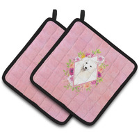 "Caroline's Treasures CK4229PTHD Japanese Spitz Pink Flowers Pair of Pot Holders potholders, Multicolor"