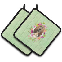 "Caroline's Treasures CK4419PTHD Bloodhound Green Flowers Pair of Pot Holders potholders, Multicolor"