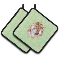 "Caroline's Treasures CK4354PTHD Yorkshire Terrier #1 Green Flowers Pair of Pot Holders potholders, Multicolor"