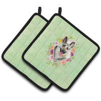 "Caroline's Treasures CK4299PTHD Eastern German Shepherd Green Flowers Pair of Pot Holders potholders, Multicolor"