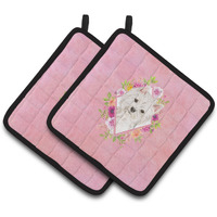 "Caroline's Treasures CK4203PTHD Westie Pink Flowers Pair of Pot Holders potholders, Multicolor"
