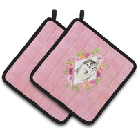 "Caroline's Treasures CK4210PTHD Siberian Husky Pink Flowers Pair of Pot Holders potholders, Multicolor"