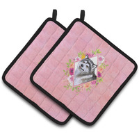 "Caroline's Treasures CK4112PTHD Alaskan Malamute Pink Flowers Pair of Pot Holders potholders, Multicolor"