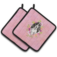 "Caroline's Treasures CK4244PTHD Black Parti Cocker Spaniel Pink Flowers Pair of Pot Holders potholders, Multicolor"