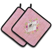 "Caroline's Treasures CK4268PTHD White Pit Bull Terrier Pink Flowers Pair of Pot Holders potholders, Multicolor"