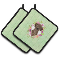 "Caroline's Treasures CK4411PTHD Chocolate Labrador Green Flowers Pair of Pot Holders potholders, Multicolor"