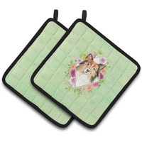 "Caroline's Treasures CK4373PTHD Sheltie Green Flowers Pair of Pot Holders potholders, Multicolor"