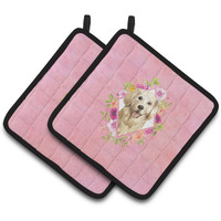 "Caroline's Treasures CK4235PTHD Golden Retriever Pink Flowers Pair of Pot Holders potholders, Multicolor"