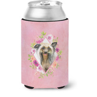 "Caroline's Treasures CK4130CC Chinese Crested Pink Flowers Can or Bottle Hugger cold-beverage-koozies, 12 oz, Multicolor"