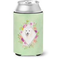 "Caroline's Treasures CK4389CC Japanese Spitz Green Flowers Can or Bottle Hugger cold-beverage-koozies, 12 oz, Multicolor"