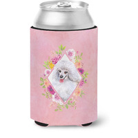 "Caroline's Treasures CK4172CC White Mini Poodle Pink Flowers Can or Bottle Hugger cold-beverage-koozies, 12 oz, Multicolor"