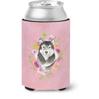 "Caroline's Treasures CK4224CC Alaskan Malamute Pink Flowers Can or Bottle Hugger cold-beverage-koozies, 12 oz, Multicolor"