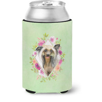 "Caroline's Treasures CK4290CC Chinese Crested Green Flowers Can or Bottle Hugger cold-beverage-koozies, 12 oz, Multicolor"