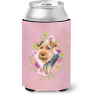 "Caroline's Treasures CK4192CC Welsh Terrier Pink Flowers Can or Bottle Hugger cold-beverage-koozies, 12 oz, Multicolor"