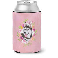 "Caroline's Treasures CK4151CC Siberian Husky #1 Pink Flowers Can or Bottle Hugger cold-beverage-koozies, 12 oz, Multicolor"