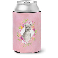 "Caroline's Treasures CK4269CC Blue Pit Bull Terrier Pink Flowers Can or Bottle Hugger cold-beverage-koozies, 12 oz, Multicolor"