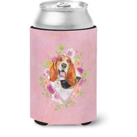 "Caroline's Treasures CK4116CC Basset Hound Pink Flowers Can or Bottle Hugger cold-beverage-koozies, 12 oz, Multicolor"