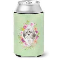 "Caroline's Treasures CK4371CC Shih Tzu Puppy Green Flowers Can or Bottle Hugger cold-beverage-koozies, 12 oz, Multicolor"