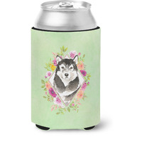 "Caroline's Treasures CK4384CC Alaskan Malamute Green Flowers Can or Bottle Hugger cold-beverage-koozies, 12 oz, Multicolor"