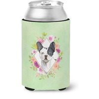 "Caroline's Treasures Black and White Frenchie Green Flowers Can or Bottle Hugger cold-beverage-koozies, 12 oz, Multicolor"