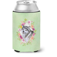 "Caroline's Treasures CK4272CC Alaskan Malamute Green Flowers Can or Bottle Hugger cold-beverage-koozies, 12 oz, Multicolor"