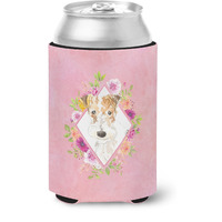"Caroline's Treasures CK4199CC Fox Terrier Pink Flowers Can or Bottle Hugger cold-beverage-koozies, 12 oz, Multicolor"